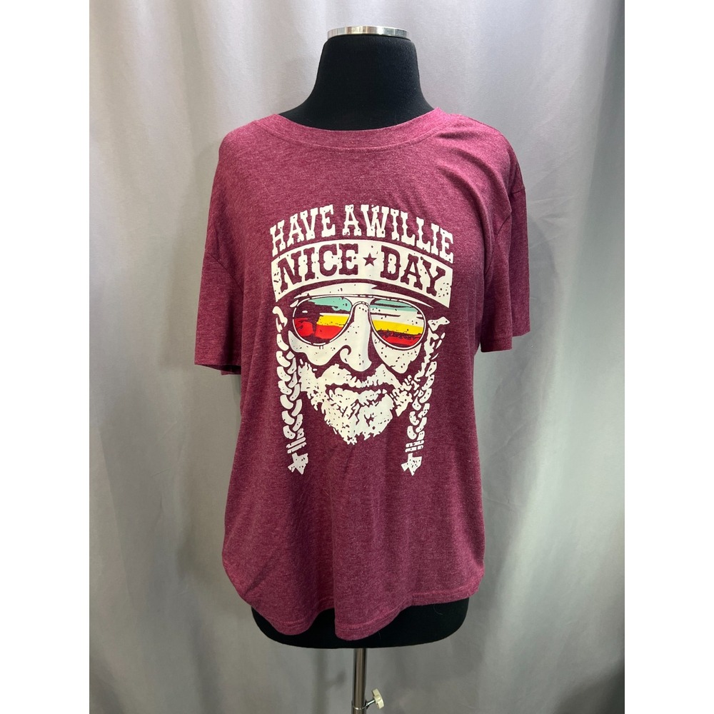 Have A Willie Nice Day T Shirt Womens Large Burgundy Stretch Graphic Crew Neck